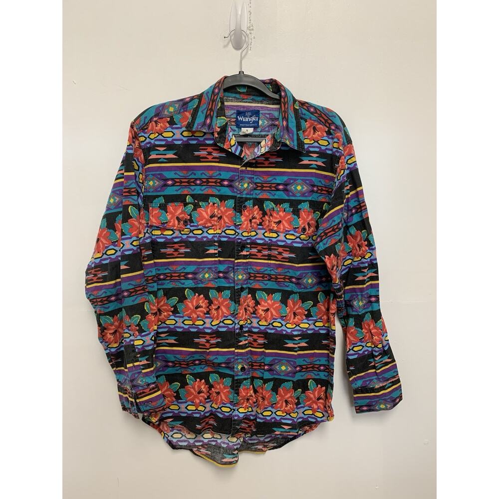 VTG Wrangler Brushpopper Floral Aztec Western Button Long Sleeve Rodeo Shirt M